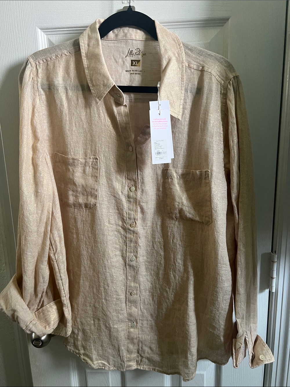 NWT!! Lilly Pulitzer Sea View  Linen Button-Down Shirt Metallic Gold XL
